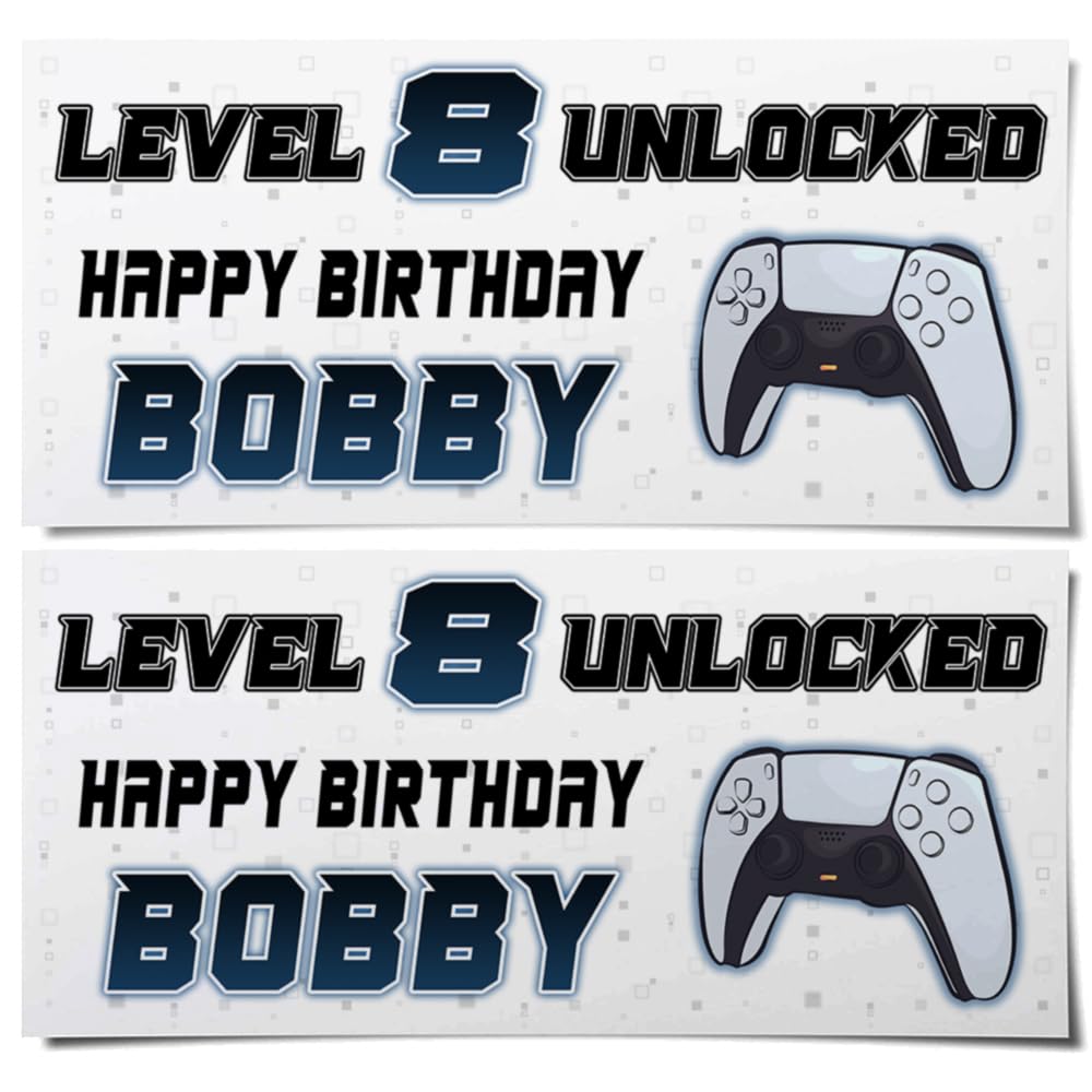 Personalised Gaming Birthday Banners – PS5 Style “Level Unlocked” with Name & Age – Boys & Girls Party Decoration – Gamer Birthday Supplies (Pack of 2)