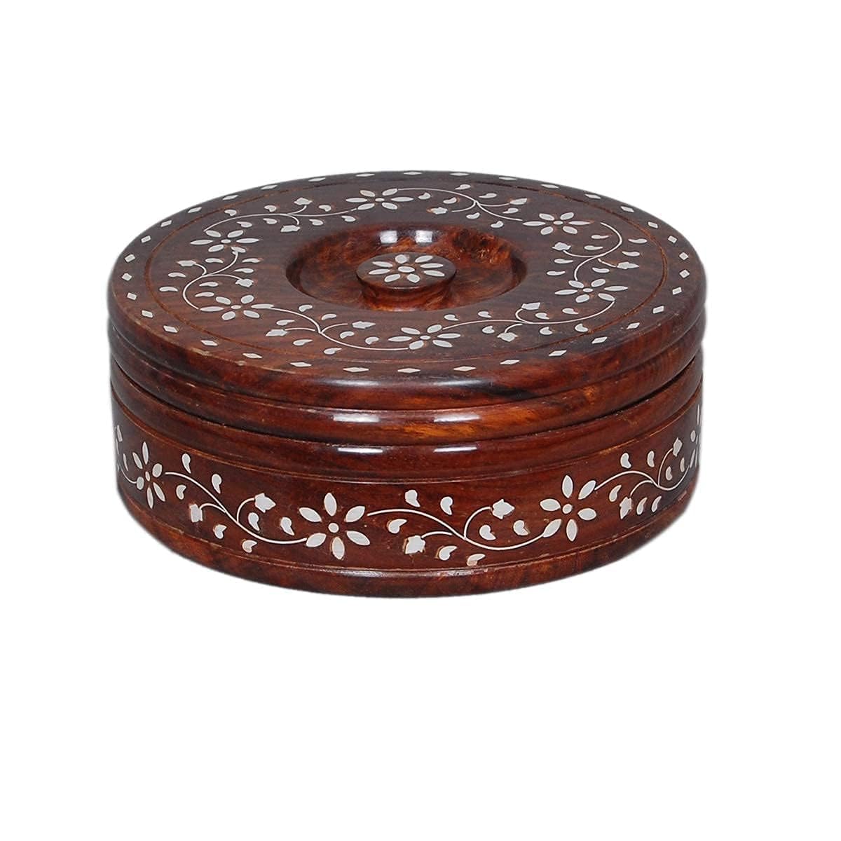 Handcrafted Wooden Round Box with Floral Inlay Work | Fitted Lid with Knob, Jewellery & Trinket Storage, Traditional Indian Craft, Smooth Polished Interior, Floral Vine Motifs-image-29