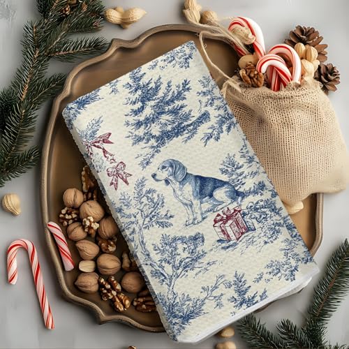 Image of Christmas Chinoiserie Dog Kitchen Towels, Vintage Beagle Dish Tea Towels for Kitchen, Blue French Holiday Decorative Hand Towel for Bathroom, 16x24 Inch