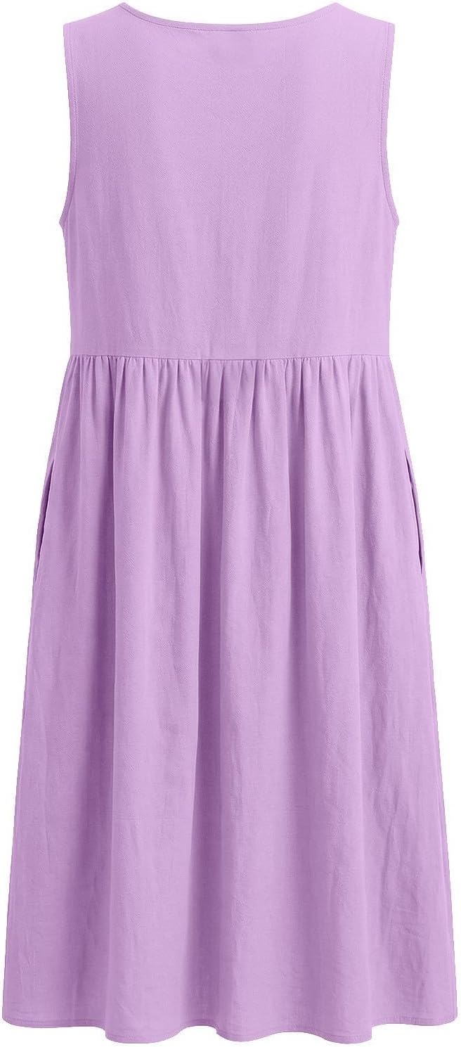Women's Cotton Linen Sleeveless Midi Dress Round Neck Loose Fit Flowy Dresses Casual Vacation Summer Sundress 2026