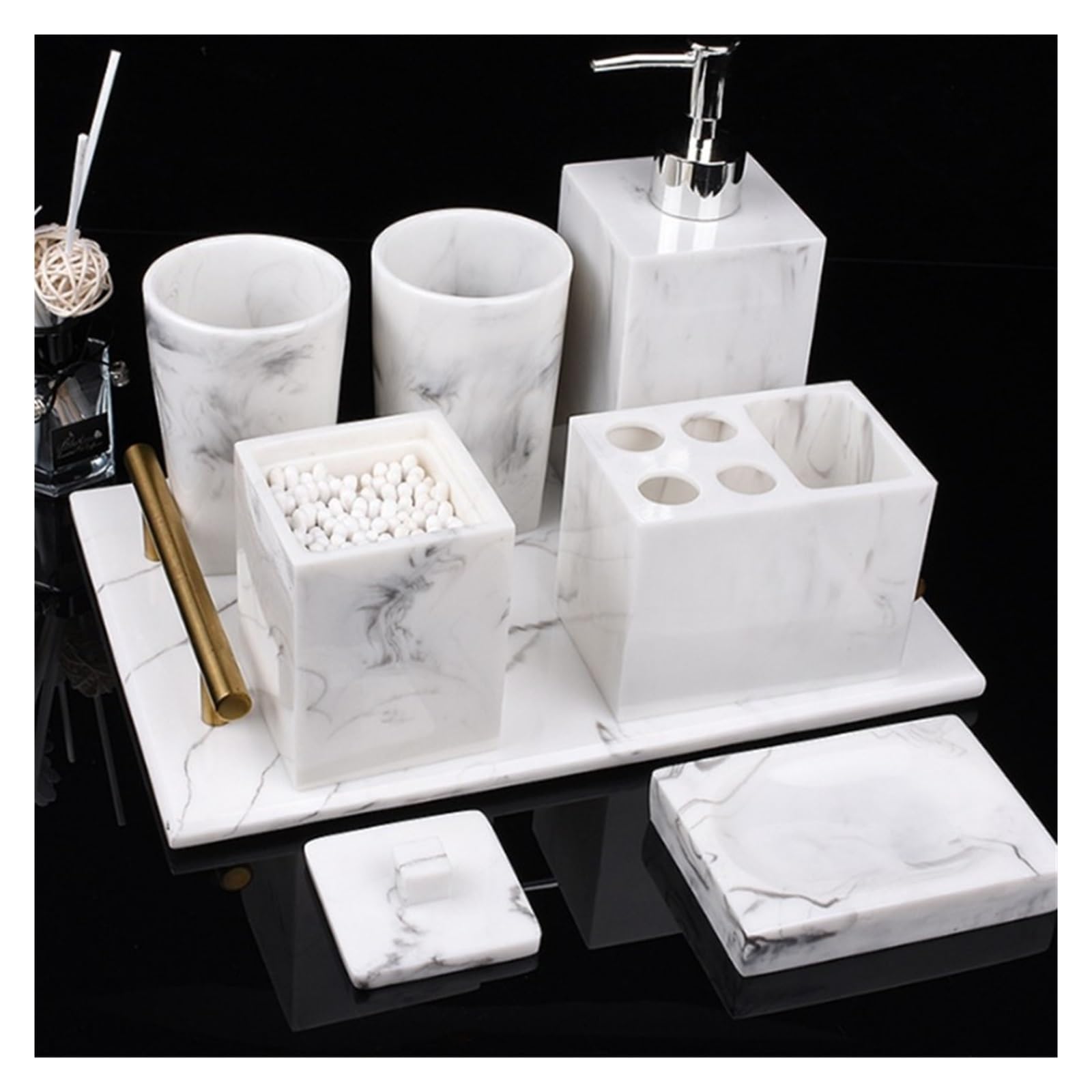 Set Dispensador Jabon Baño Juego de accesorios de baño de imitación de resina y mármol, soporte for cepillo de dientes, jabón, taza for enjuague bucal, botella de champú, juego de lavado for el hogar