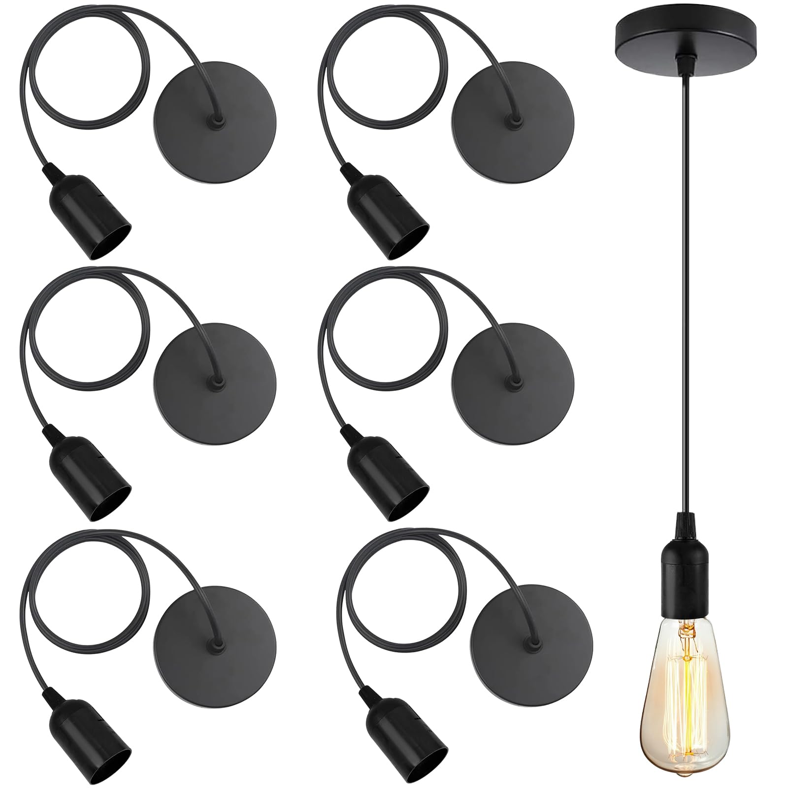 YumSur 6 Pack Ceiling Pendant Light Fitting,E27 Screw Lamp Holderwith 100CM Adjustable Cable,Ceiling Rose Light Fitting for Kitchen Island Living Room Bedroom Dinning Room Lightings