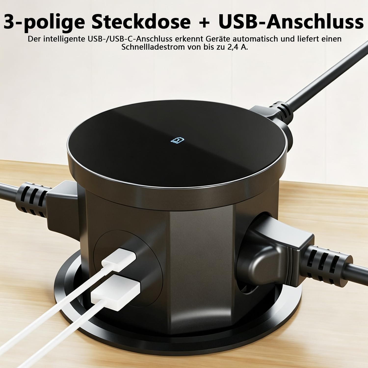 Versenkbare Steckdose, 2500W EU Versenkte Steckdose 3 Fach mit 15W Kabellosem Ladegerät & USB C & USB A & 1,5M Netzkabel, Tischsteckdose für Büro, Arbeitsplatte, Zuhause, Küche(Schwarz)