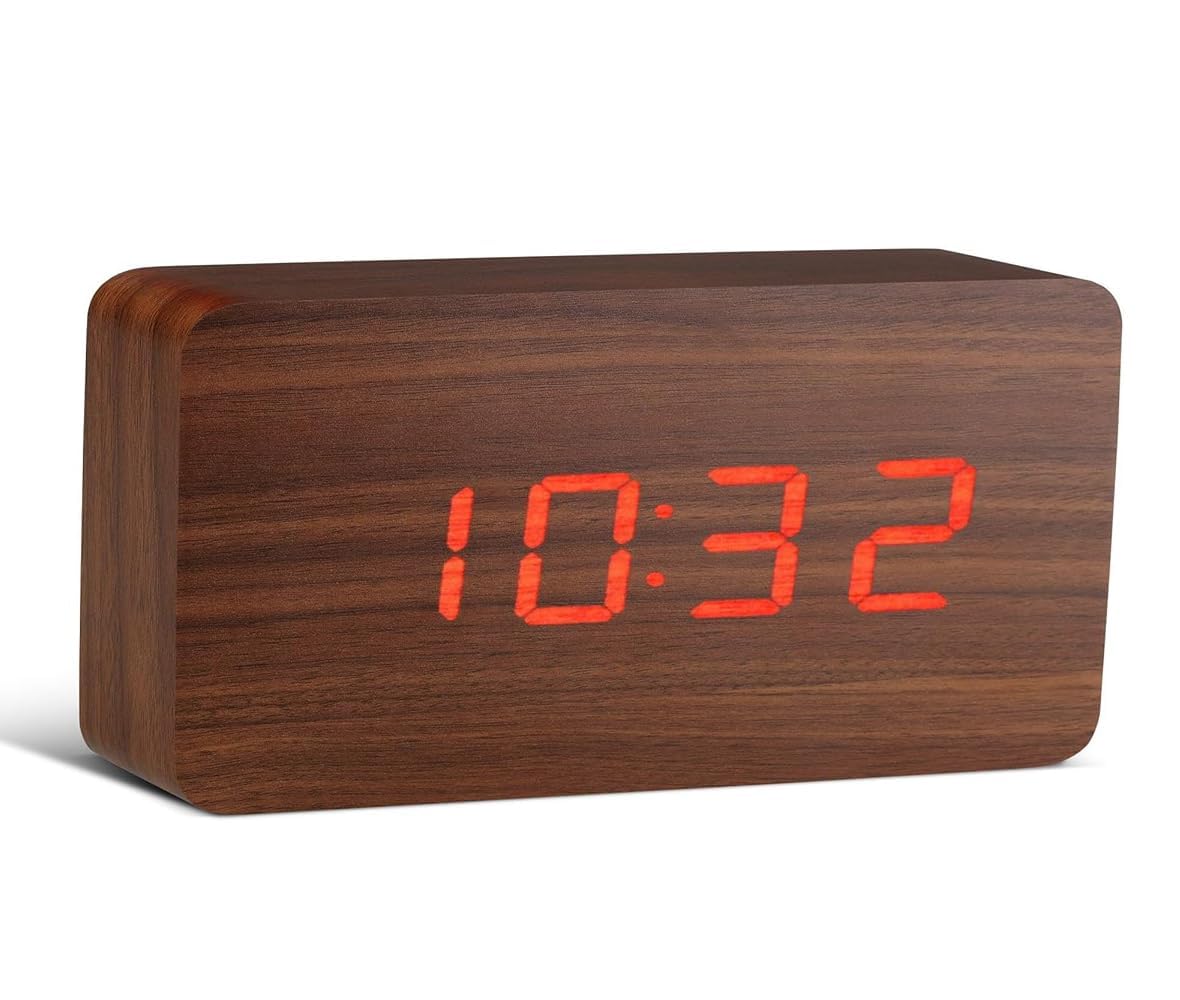 pashin Wooden Digital Alarm Clock Electronic LED Time Display,4 Level Adjustable Brightness and Voice Control, Display Time for Bedroom Office Kids and Families,Brown