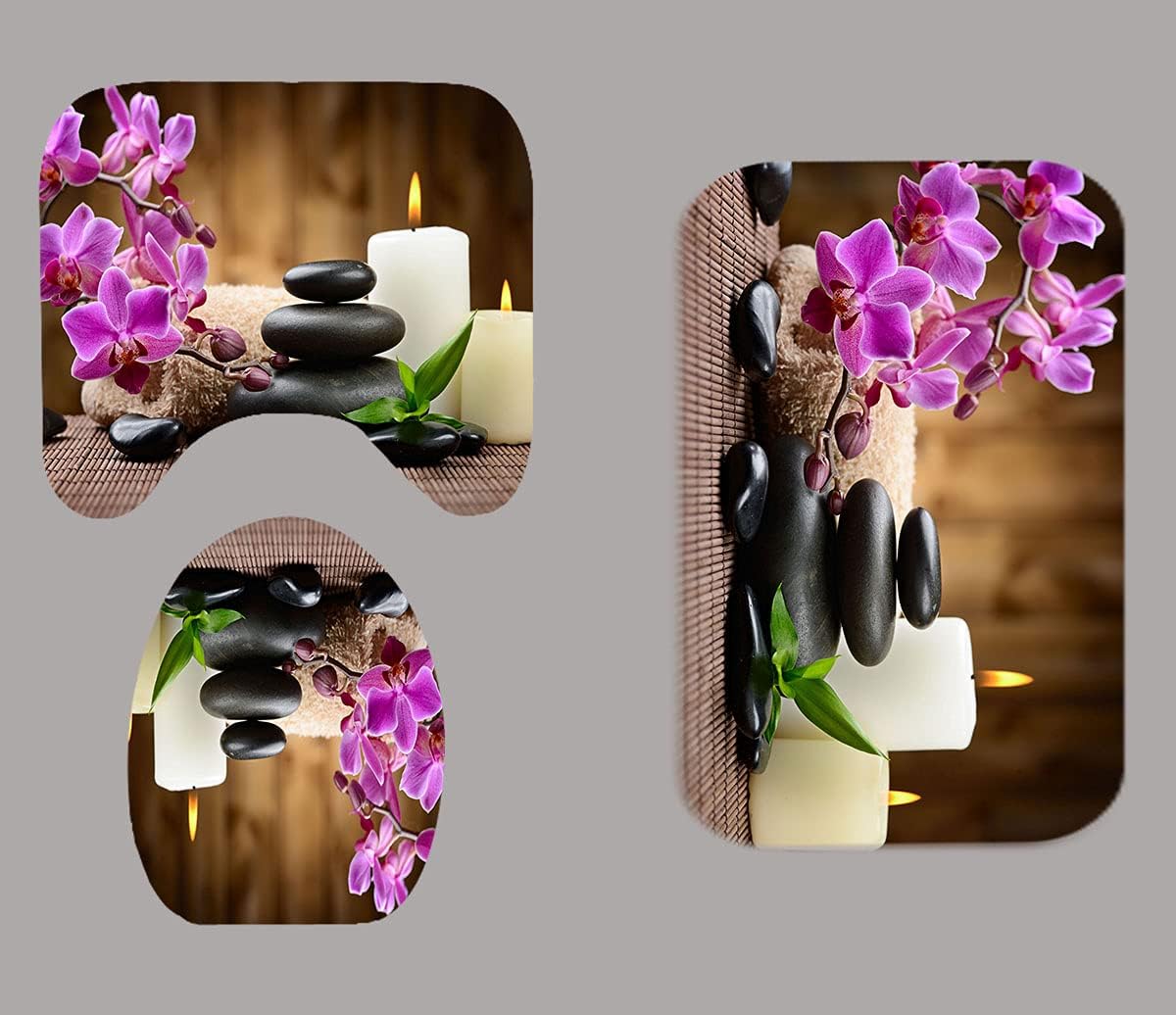 OLEBETY 4PCS/Set Spa Zen Shower Curtain, Black Massage Stone White Candle Japanese Art Tranquil Relaxing Spiritual Meditation Bathroom Decor, Non-slip Bath Mat, Gifts for Women, Purple Orchid & Candle