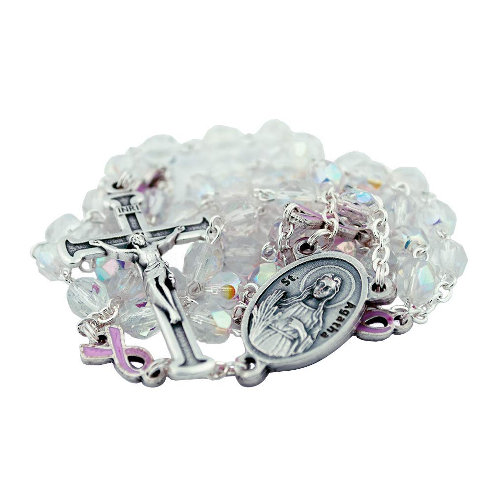 Venerare St. Agatha Rosary | Patron Saint of Breast Cancer | Pink Ribbon | Made in Italy