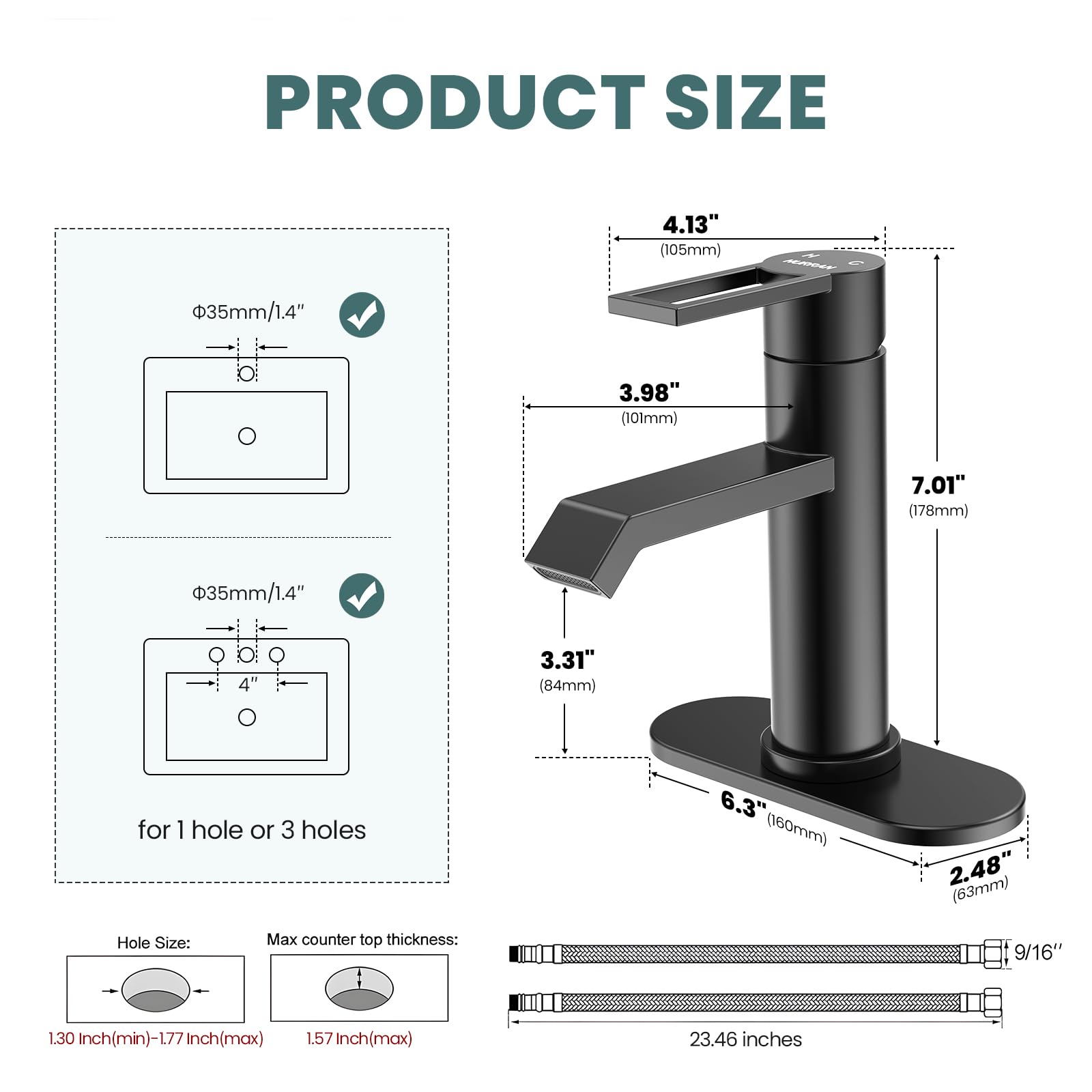 Bathroom Tap, Matte Black, Single Lever Mixer Tap - Image 2