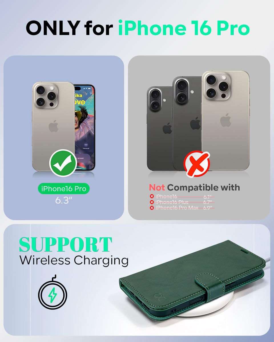 OCASE for iPhone 16 Pro Case, PU Leather Wallet, Magnetic Flip Folio Cover with RFID Blocking, Card Holders, Shockproof TPU - Image 2