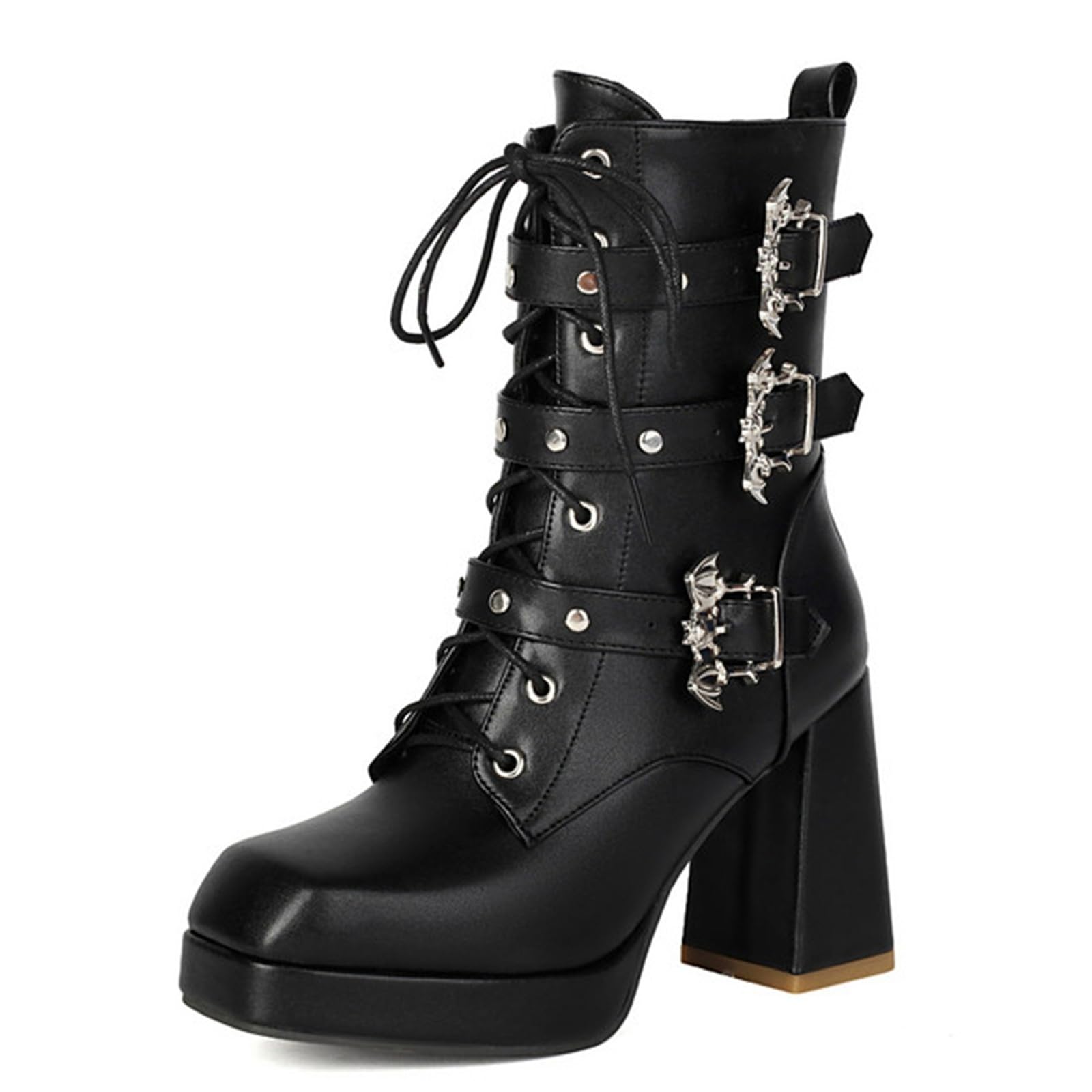 Alsoloveu Gothic Combat Boots for Women Platform Chunky Heel Goth Ankle Booties Punk Studded Buckle Straps Lace Up