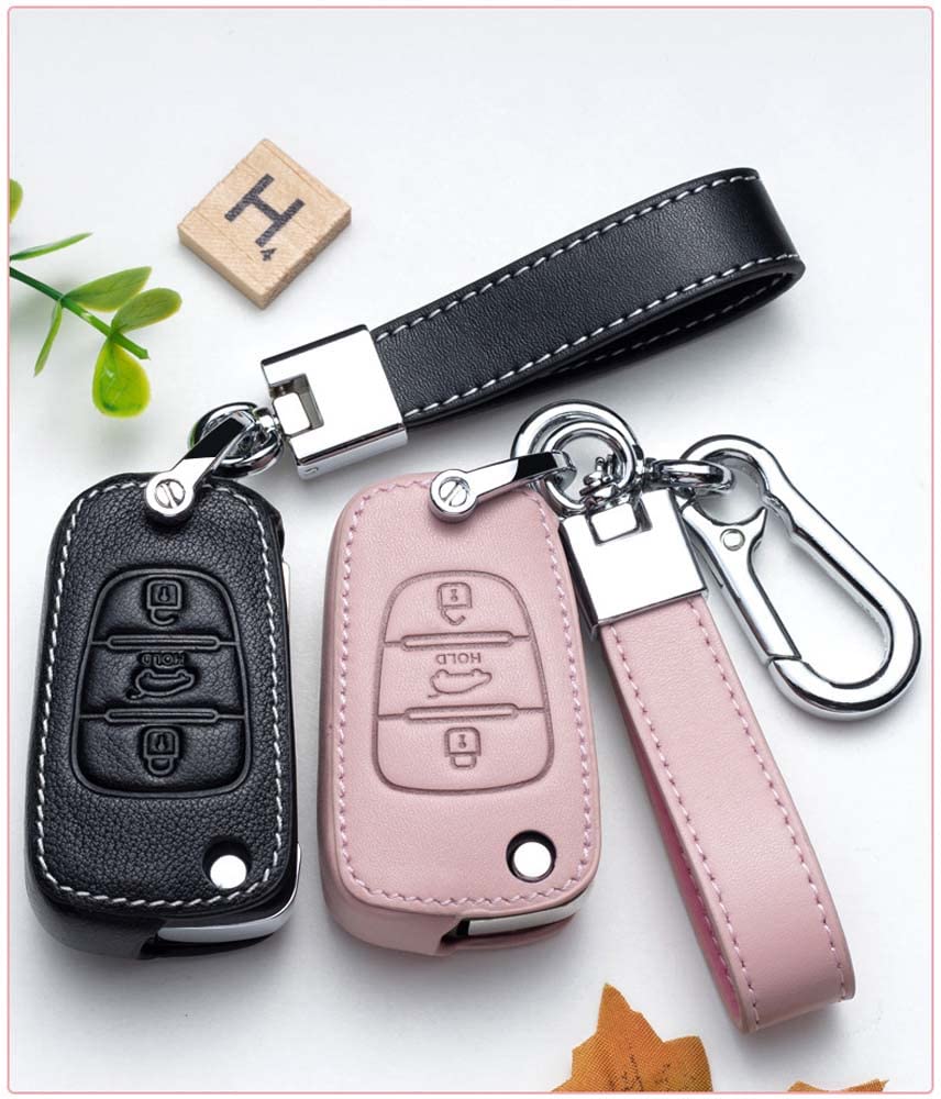 HIBEYO Custodia In Pelle Bovina Per Chiave Auto - Adatta Per KIA E Hyundai (Rio, Picanto, I20, I30) - Colore Rosa - 2