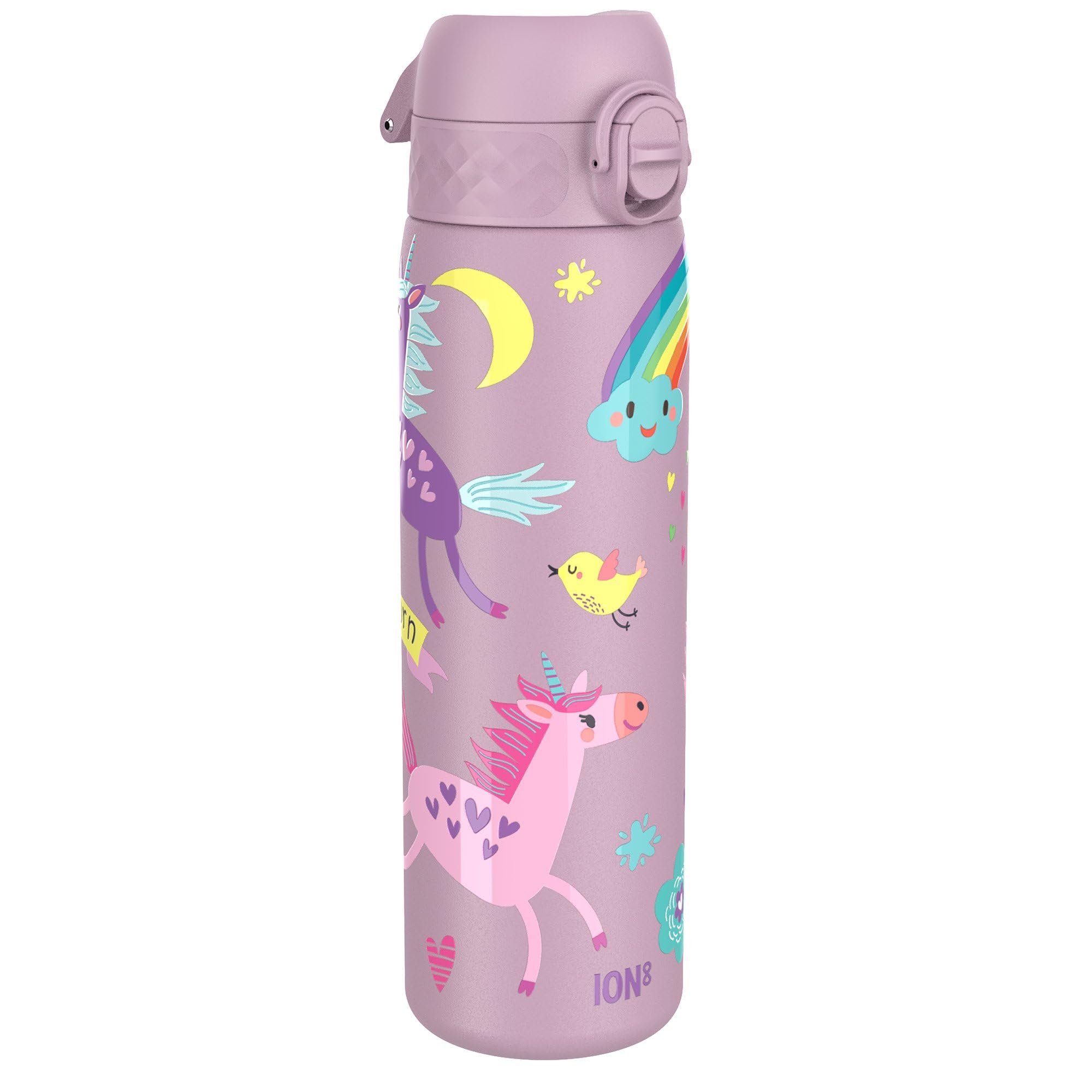 Ion8 Water Bottle, 500ml/18oz, Slim Leak Proof & BPA-Free Drinking Bottle, Secure Lock Prevents Spills, Dishwasher Safe, Carry Handle, Ideal for Adults & Kids - Travel, Gym & School, Unicorns