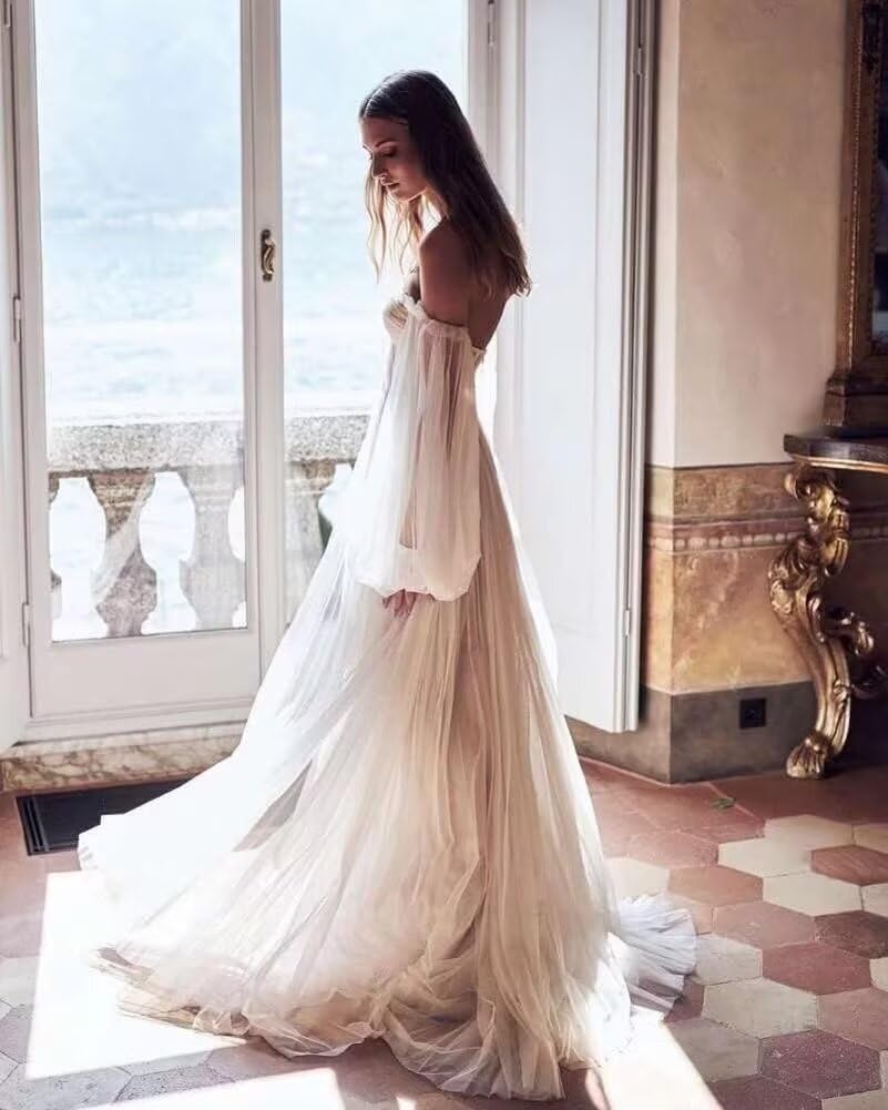 Zepumen Long Sleeve Prom Dress for Women Tulle Ball Gown A-Line Wedding Dress Formal Evening Party Gowns