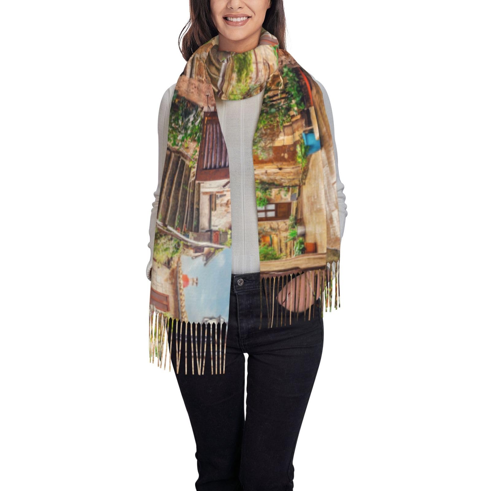 Ouyniei Italian Street Stylish Printed Scarf For Women - Soft Fringed Shawl Wrap, Winter Fashion Accessory & Gift