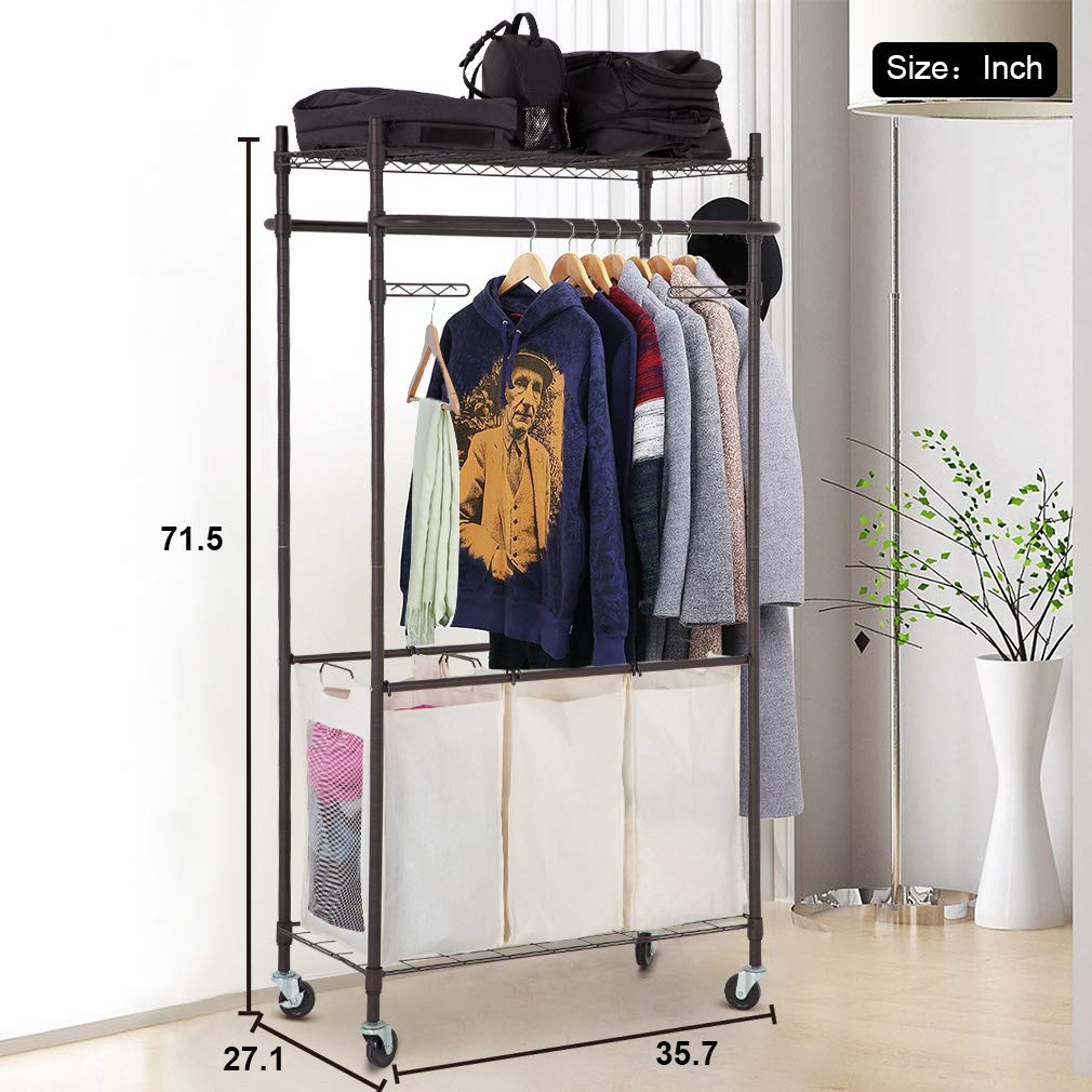 3 Compartment Laundry Sorter Hamper Heavy Duty Clothes Rack Hanging