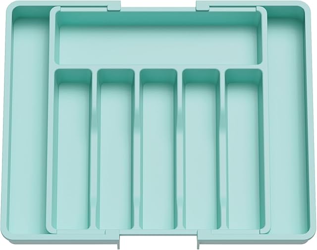 Lifewit Silverware Organizer, Rozszerzalna Taca na Przybory do Szuflady, Regulowany Uchwyt na Sztućce, Kompaktowa Plastikowa Szuflada do Przechowywania Łyżek, Widelce, Noże, Duża, Turkusowy