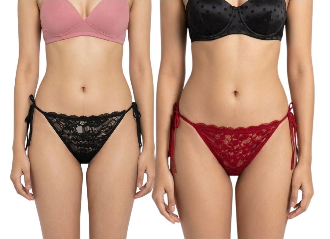 yuvivayrox 2 Pack Women?s Lace Thongs ? Floral, Low Rise Panties G String Briefs (Black-Maroon)-picture-30