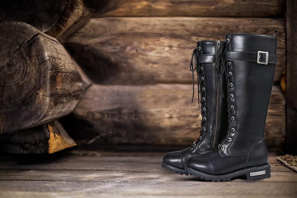 GARGOYLE BELLS Women's Knee High Riding Combat Boots PU Leather Motorcycle Boots with Side Zipper Laced Up Wide Calf Boots For Ladies4