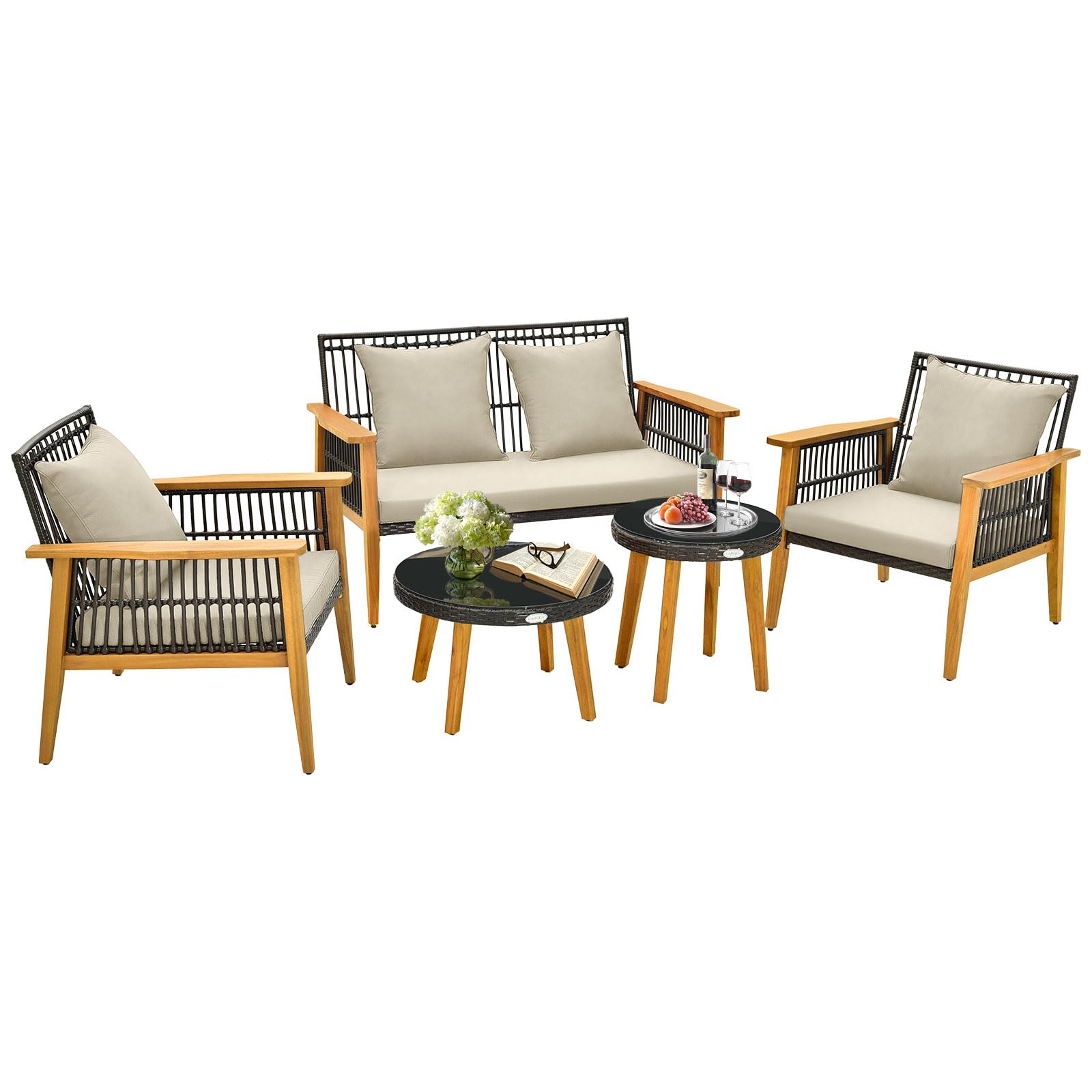 COSTWAY 5 PCS Garden Furniture Set, Acacia Wood String Conversation Set with 1 Loveseat, 2 Armchairs, 2 Tempered Glass Tables & Cushions, Outdoor Wicker Sofa Table Set for Balcony Yard Poolside