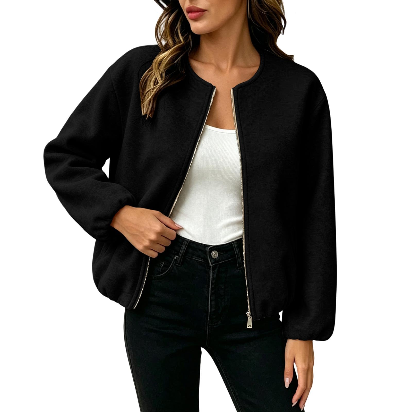 Bomberjacke Damen Blouson Jacke Kurz Übergangsjacke Rundhalsausschnitt