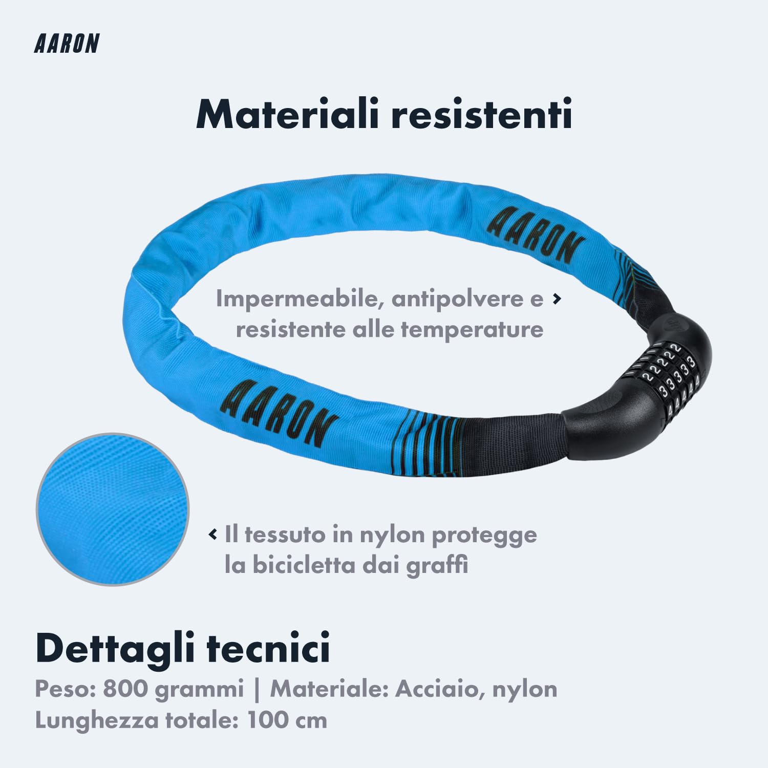 AARON Lock One - Catena antifurto per bicicletta con codice a 5 cifre - lucchetto in metallo e alta sicurezza - per bici elettrica, mountain bike, da trekking, da turismo, da corsa, veicoli elettrici