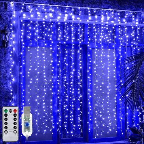 Image of MIRADH 300 LED Fairy Curtain String Lights - USB Powered Remote-Controlled Backdrop, Warm Ambience for Diwali, Navratri, Christmas & New Year Decor (Blue)