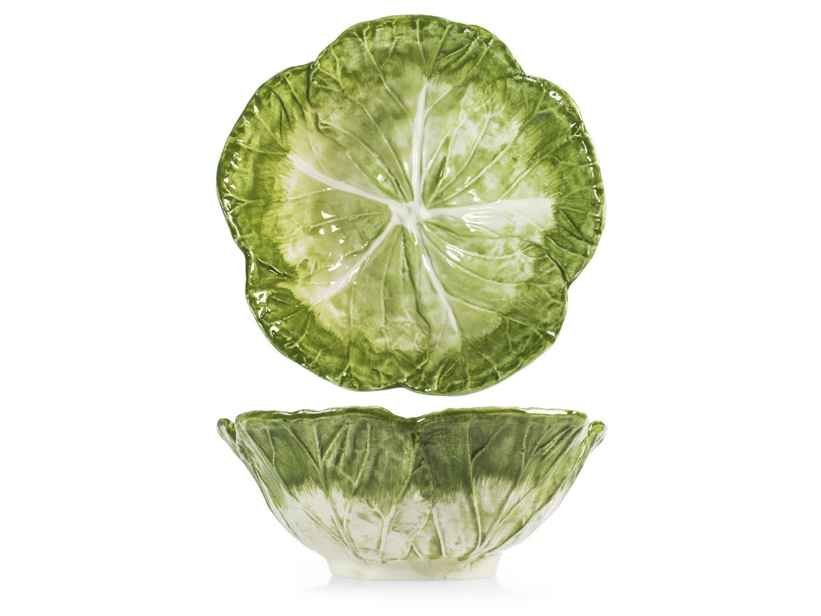 H&H Bowl Verza in Stoneware Decorata – Ciotola Grande per Insalata o Zuppe – Ceramica Resistente – 21x9h cm – Design Foglia di Verza Elegante