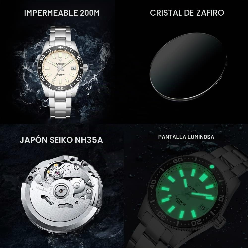 CADISEN Reloj automático para hombre con reserva de marcha mecánico resistente al agua NH35 relojes hombres, 8207 Blanco, Pulsera