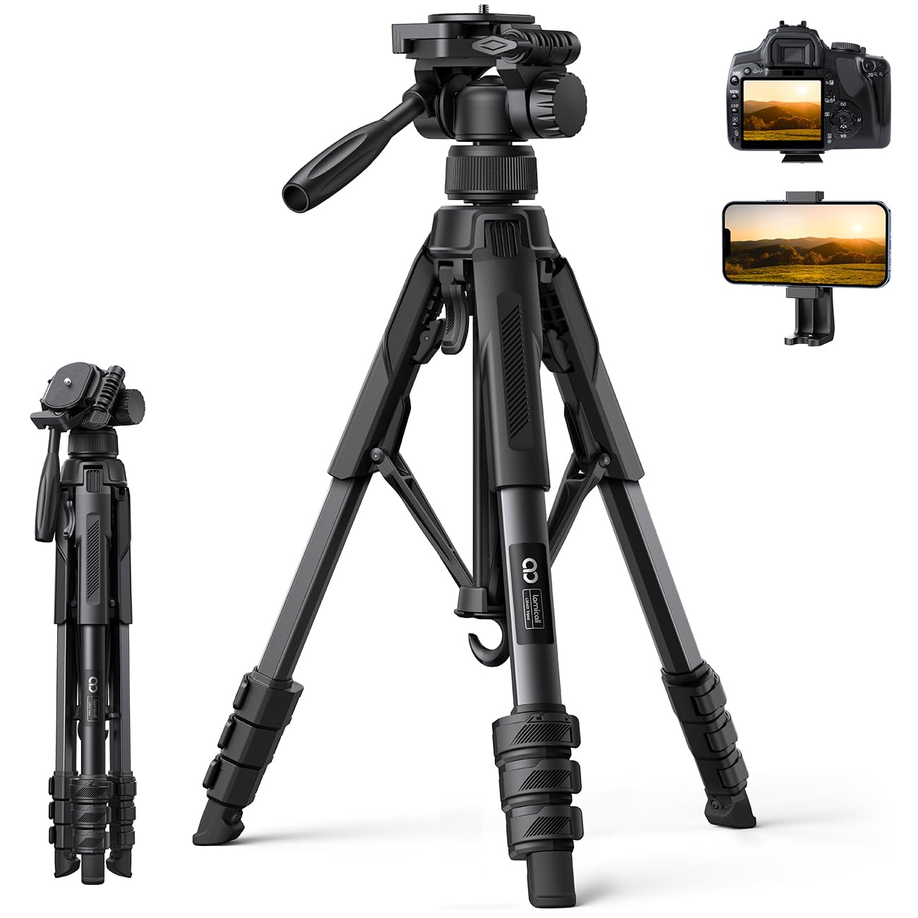 Lamicall Compact Camera Tripod, 67"/170cm Super Stable Aluminum Travel Outdoor Tripods for Camera with Rapid Leg Deployment, 8KG Max Load Camera Stand with Phone Holder & Carry Bag for Camera, Phone