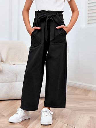 Meikulo Girls Paper Bag Wide Leg Pants Kids Fashion High Waisted Elastic Waist Trousers with Pockets 7-14 Years