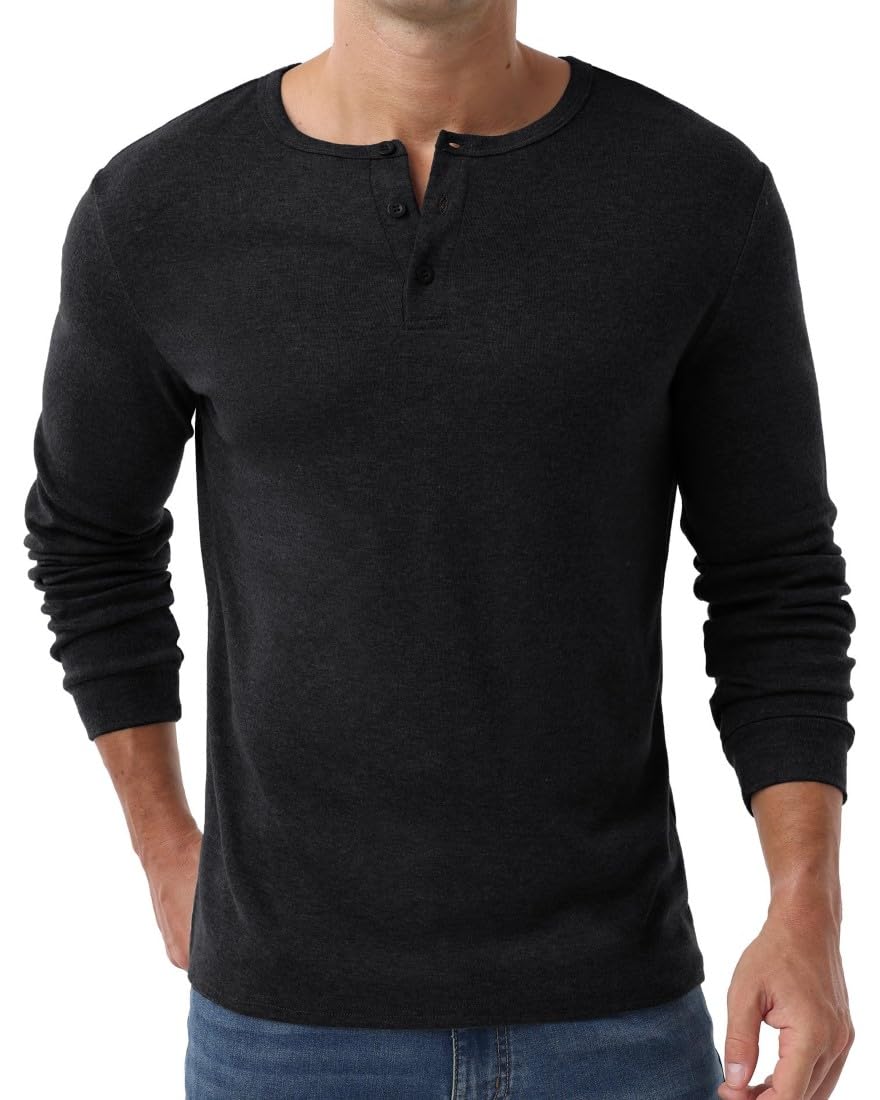 PrinStory Henley T-shirt à manches longues pour homme Coupe ajustée Col en V avec bouton