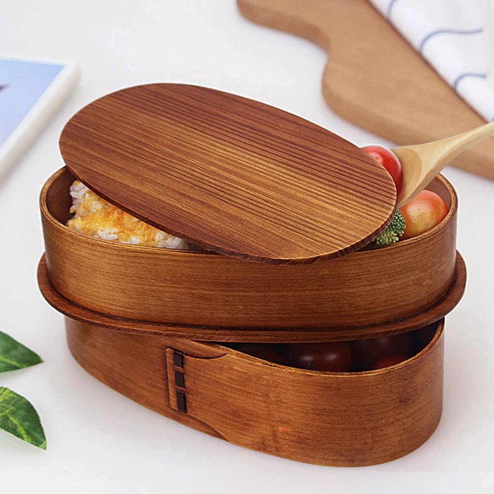 YFWOOD Boîte à bento japonaise double couche en bois naturel pour enfants et adultes pour pique-nique, bureau, école, randonnée, camping