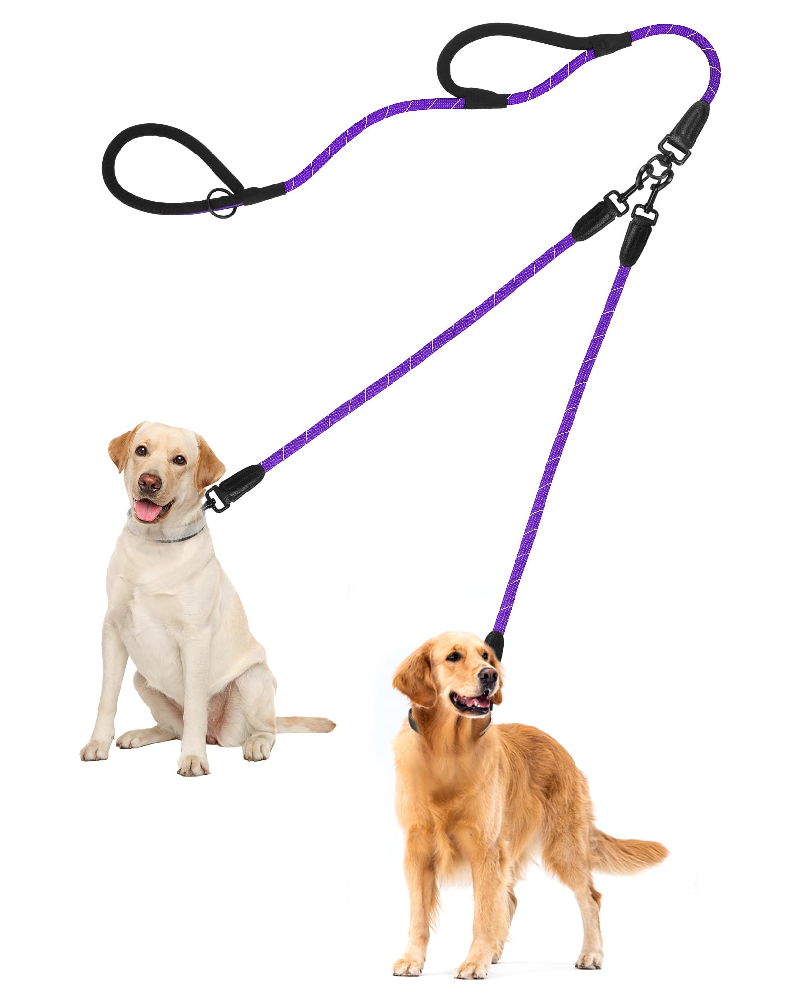 PetBonus Rope Double Dog Lead, No Tangle Dual Lead, Reflective Walking Training Leash with Two Comfortable Padded Handles