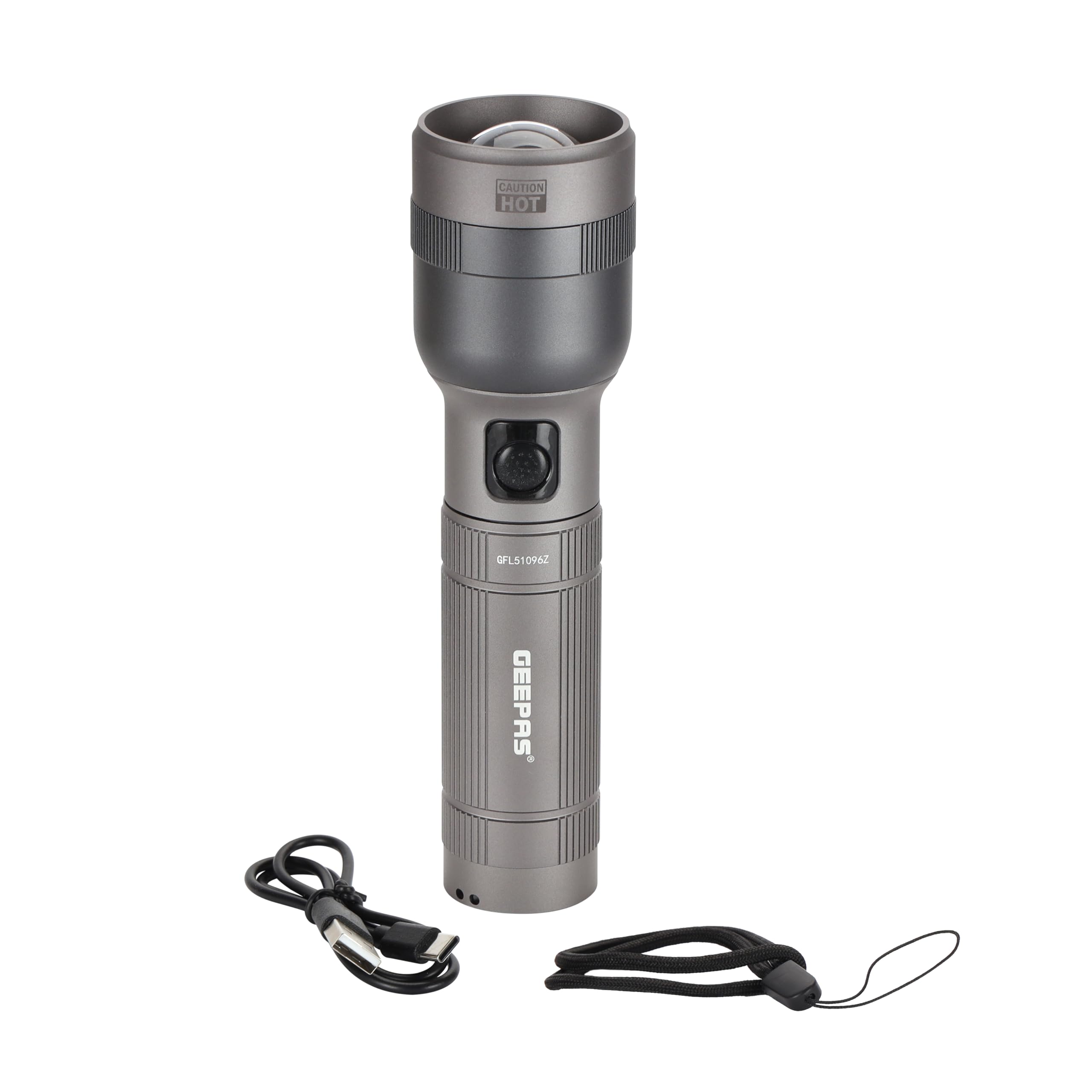 Geepas 2000 Lumen Rechargeable LED Flashlight - Zoomable, 10H Runtime, Grey