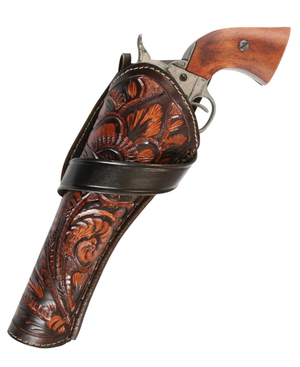 Historical Emporium Long Left Hand Western Cross Draw Holster Tooled Leather, Wild West Single Action Revolver Gun Holster