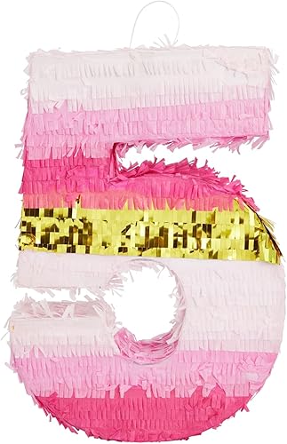 Miniatura 7 de Piñata número 5, papel de aluminio rosa y dorado para decoración de fiesta de cumpleaños de 5 cumpleaños (pequeño, 16.5 x 11.6 x 3 pulgadas)