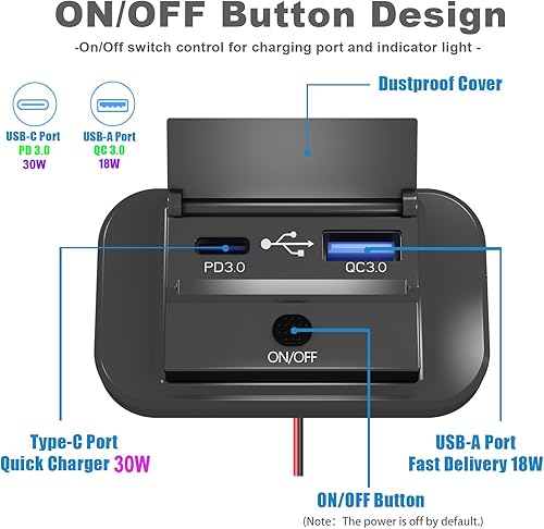 Miniatura 5 de 2 salidas USB RV de 12 V con interruptor de alimentación, 38 W Dual PD3.0 Tipo-C y carga rápida QC3.0 USB-A Puerto Montaje en panel con tapa,