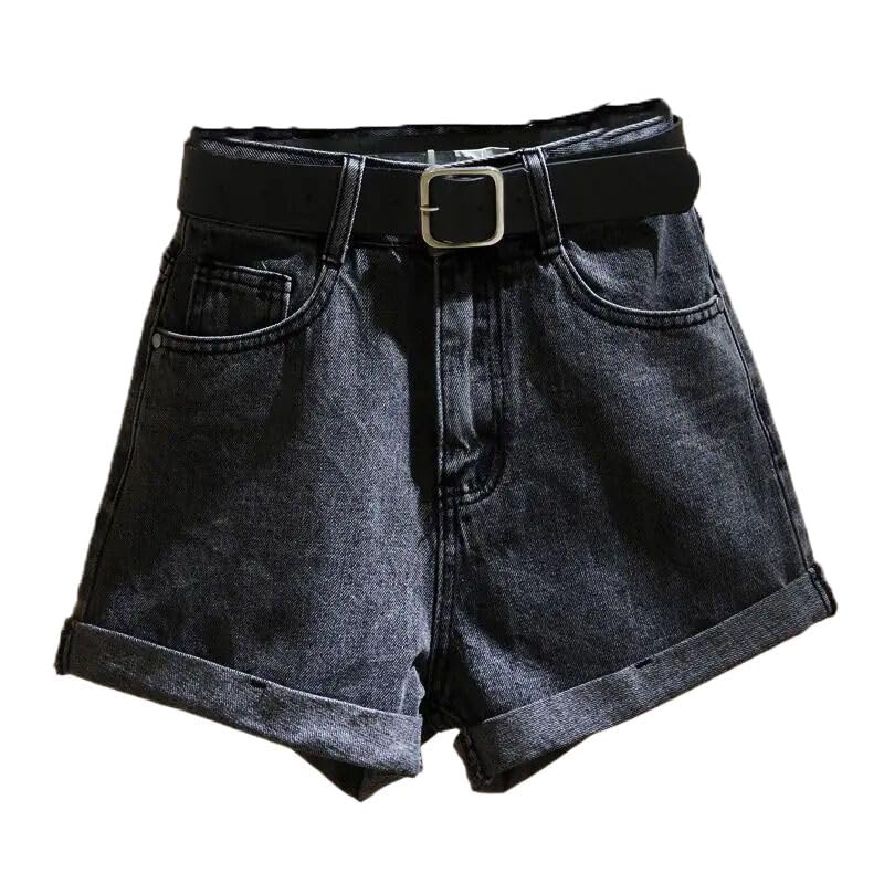 Pantalones cortos de mezclilla casuales de cintura alta para mujer, estilo coreano, gris oscuro, L