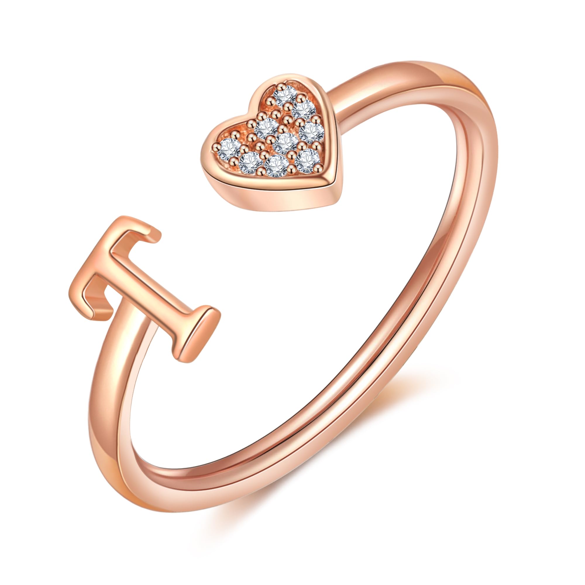WFYOU Heart Initial Ring for Women Silver Rose Gold Plated Heart Capital Letter Initial Ring Stackable Rings for Women Adjustable Alphabet Letter