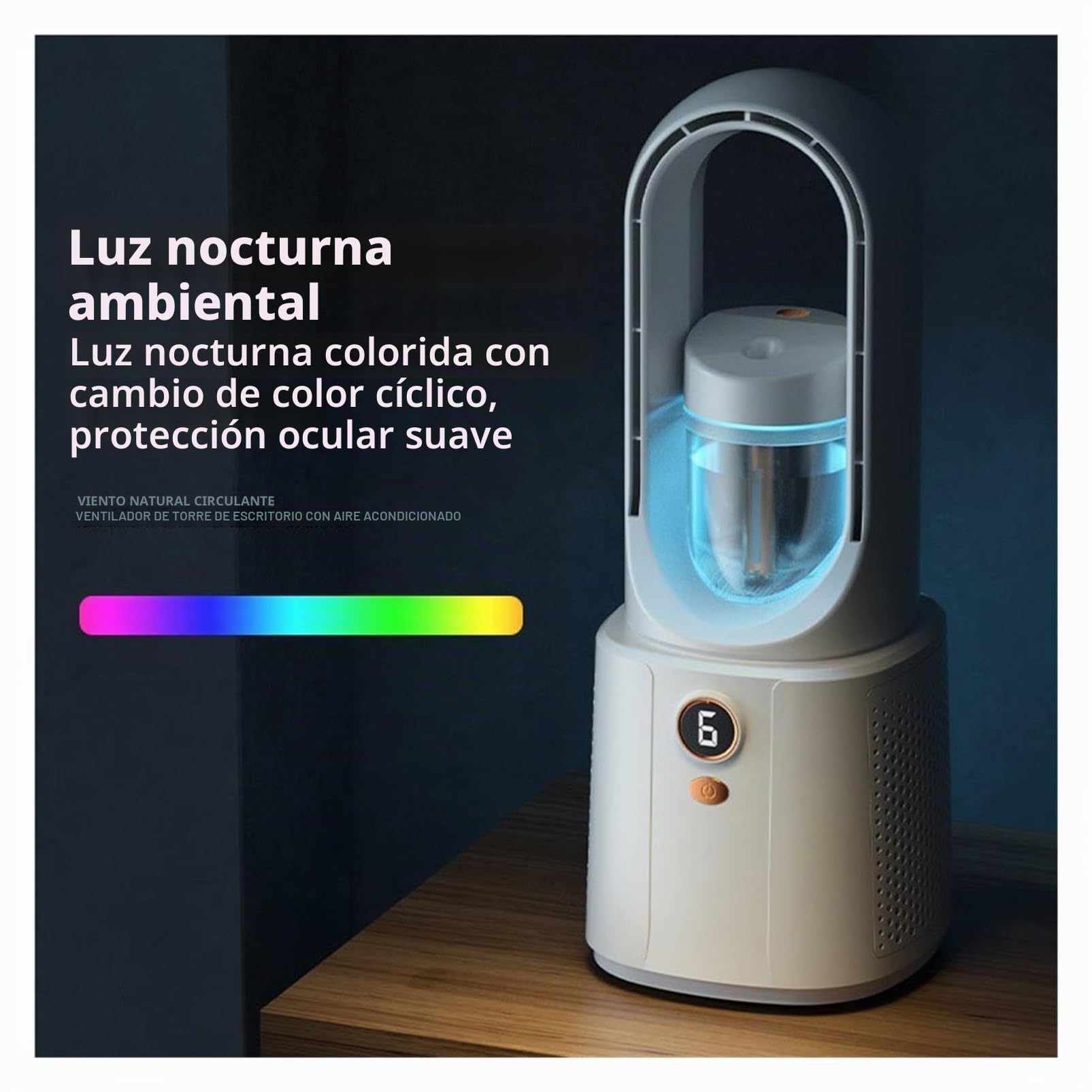 Ventilador de refrigeración con humidificador y luz nocturna, aire acondicionado silencioso portátil, 6 velocidades ajustables para oficina y dormitorio, escritorio y mesita de noche
