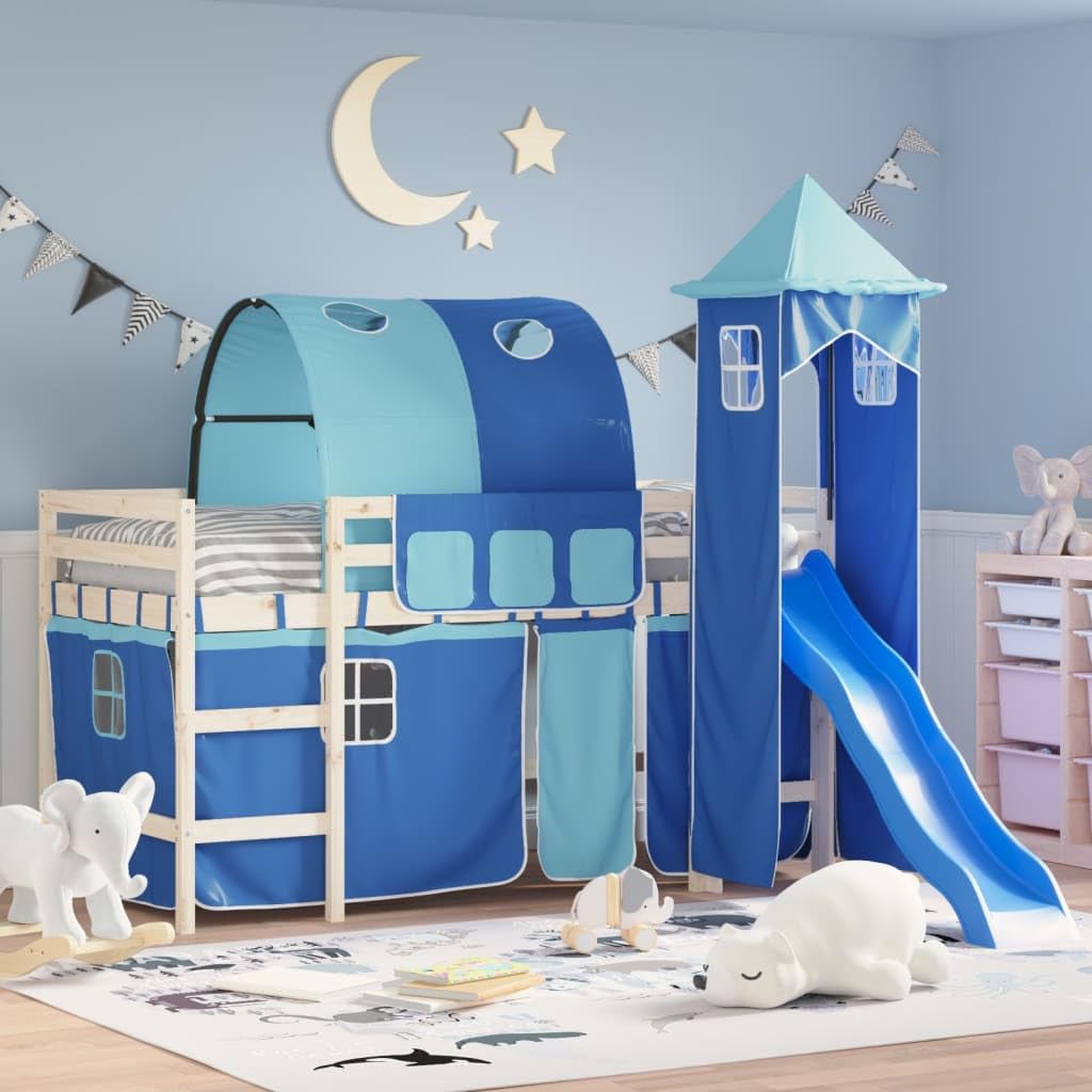 Cortinas para cama alta con túnel y torre azul de poliéster, juego de accesorios de 7 piezas con bolsillos de almacenamiento, fijación estable y diseño adecuado para niños