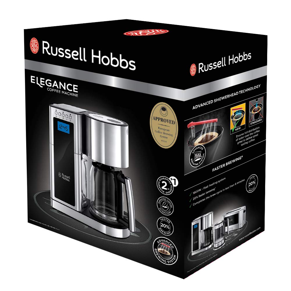 Russell Hobbs Cafetera de Goteo Elegance - Diseño de Cristal, Capacidad de 1,25L, Soporte de Filtro Extraíble, Tecnología Rociado Avanzada, Programable, Función Autolimpieza, Plata y Negro - 23370-56