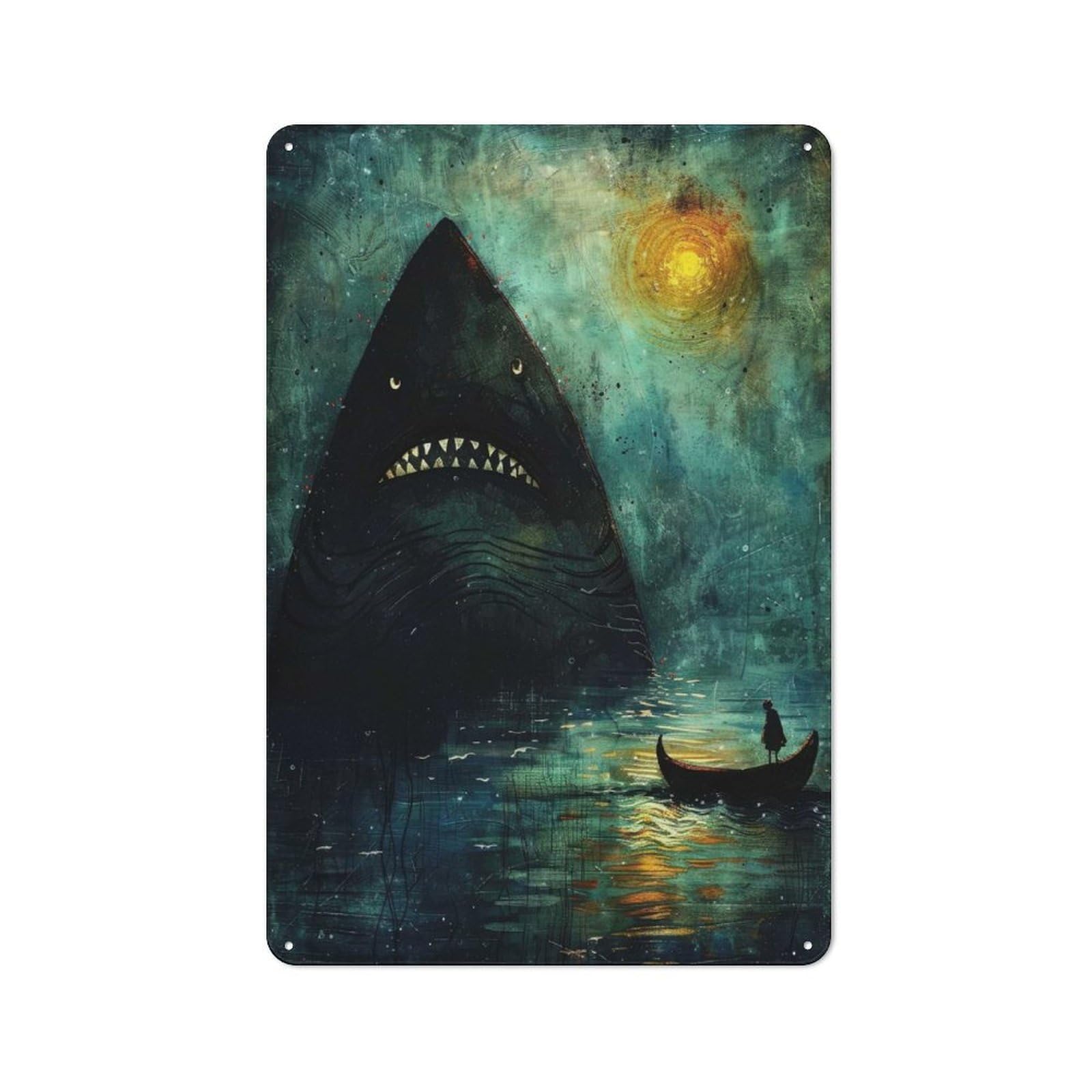 Junmoney Giant Shark Moonlight Vintage Tin Sign 30X20cm Featuring For Café Or Home Bar, A Metal Wall Feature For Cafés And Home Bars