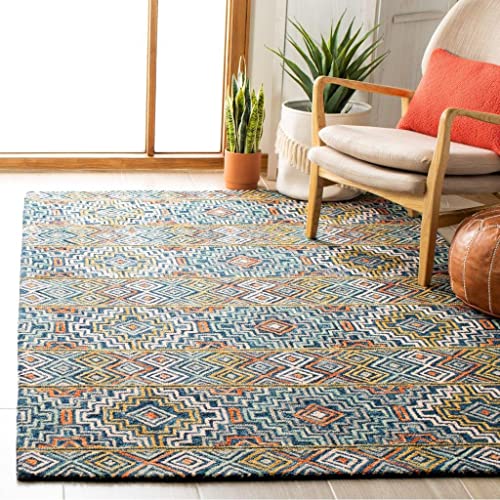 Image of Hand-Tufted Wool Carpet for Living Room 6x9 feet Teal Blue & Navy Geometric Design Anti-Skid High Pile Thick Carpet & Rugs for Bedroom & Hall