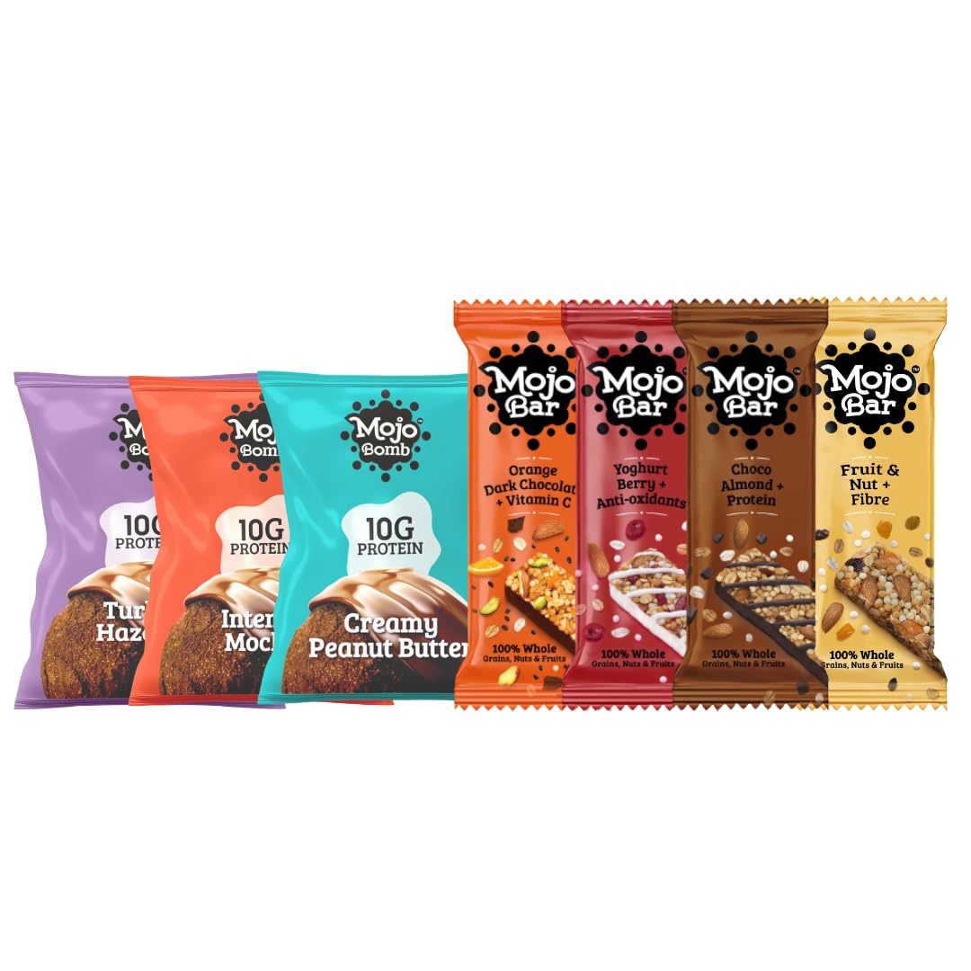 Mojo Bar Assorted Combo - 8 Energy Bars (Choco Almond, Yoghurt Berry, Fruit & Nut and Orange Dark Chocolate) and 3 MOJO Protein Bombs (Peanut Butter, Hazelnut and Mocha Protein Ball), 248 grams-image-18