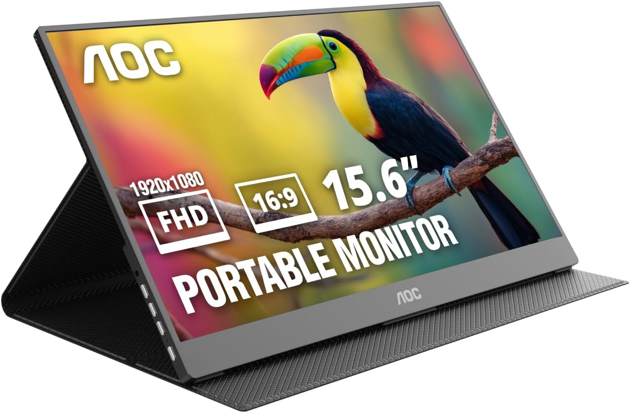 Monitor Portátil AOC 16T20 de 15.6" FHD 1080p con Pantalla IPS, Pantalla Portátil USB-C para Laptop, Mini HDMI, Altavoces Integrados, Monitor de Viaje con Funda Inteligente, Compatible con Laptops, MacBook, PS5, Xbox