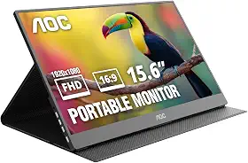 AOC Monitor portátil 16T20 de 15,6 polegadas FHD 1920 x 1080, painel IPS, alto-falantes, USB tipo C x2, mini HDMI x1, capa inteligente premium, compatível com console de jogos