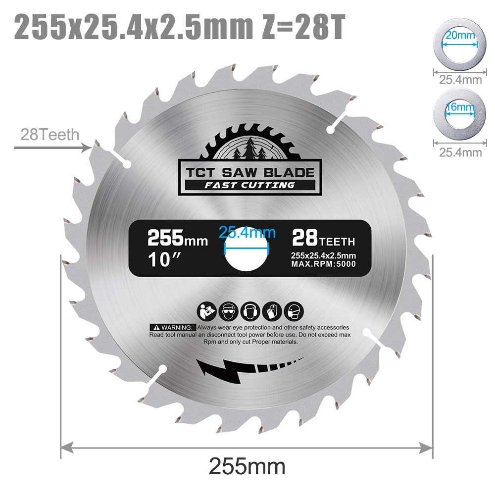 Lama Per Sega Per Legno Con Foro Interno Da 16/25,4/30 Mm 230 235 250 254 255 300 Mm TCT Disco Da Taglio Per Legno Lama Per Sega Circolare In Metallo Duro Per Legno,255 X 25,4 X 28 Denti