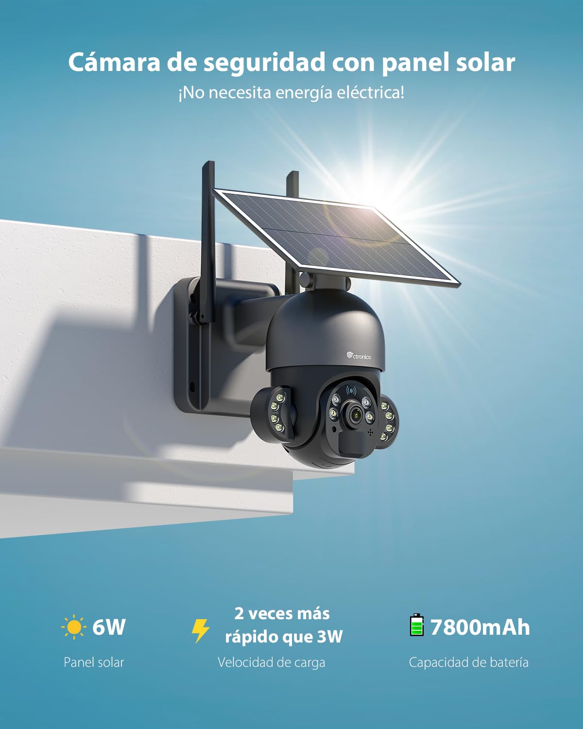 Ctronics Cámara Vigilancia Exterior con Panel Solar 6W, Cámara PTZ 3K 5MP | HD, Detección PIR y Humana, 10 Focos LED, Visión Nocturna en Color, Audio Bidireccional, FTP, Acceso Remoto por PC/Móvil