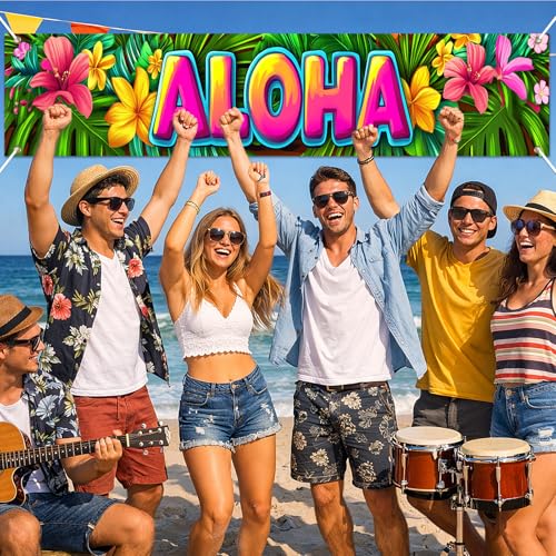 Image of HOMETITUTE Aloha Banner Luau Decorations 79 x 18 inch Hawaiian Banner Tropical Hello Summer Backdrop Aloha Sign for Pool Party Backyard Summer Beach Tiki Bar Outdoor Photo Booth