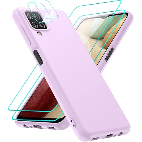 LeYi for Galaxy A12 Case: A12 Phone Case with [2 Pack] Tempered Glass Screen Protector & Camera Lens Protector, Liquid Silicone Slim Silky-Soft Protective Case Cover for Samsung Galaxy A12, Purple